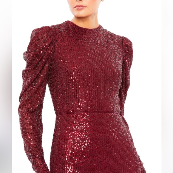 IEENA FOR MAC DUGGAL red wine 16 Sequined High Neck Puff Long Sleeve Column Gown - Picture 3 of 9